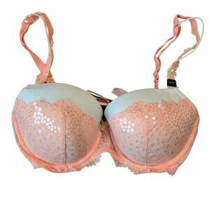 Victoria's Secret Sequin Lace Padded Push-Up Bra NWT Coral Mint 32DD